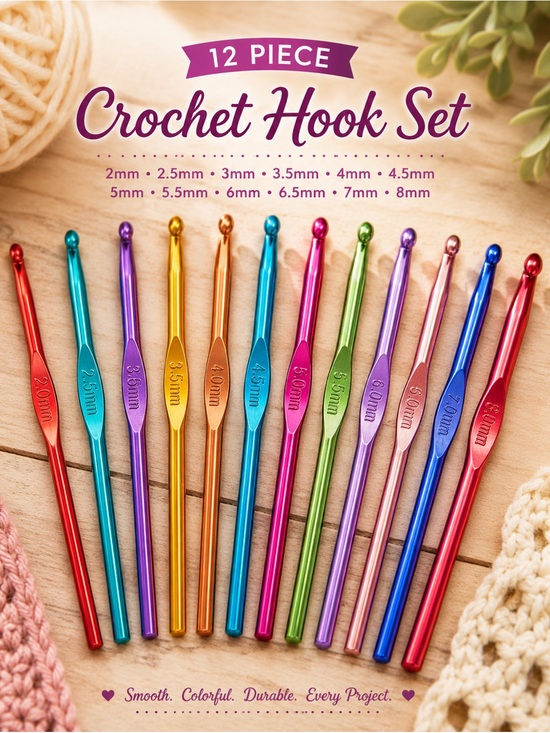Sewing Notions Other - 12-Piece Aluminum Crochet Hook Set – Vibrant, Ergonomic & Durable (2mm – 8mm)